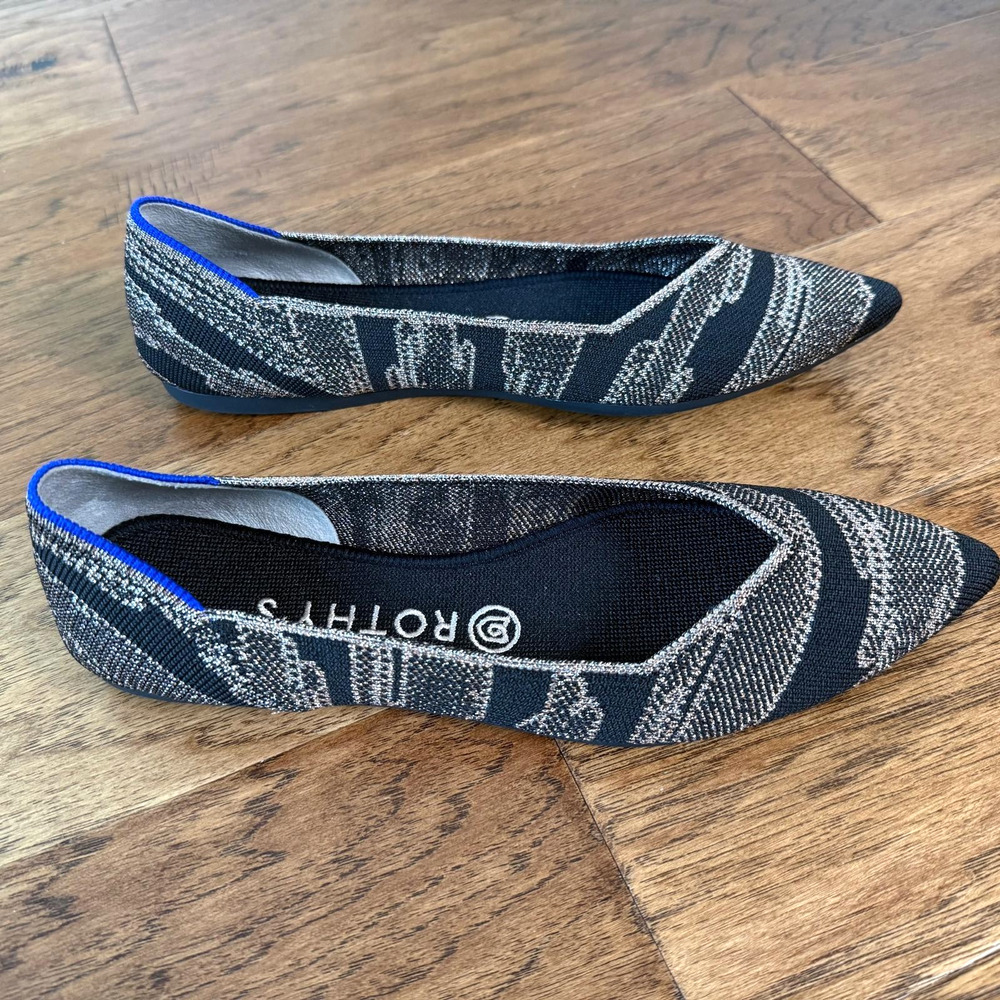 NWOB Rothy's Golden Shimmer Pointed Toe Flat Black & Metallic Gold Sz 8.5 Slipon